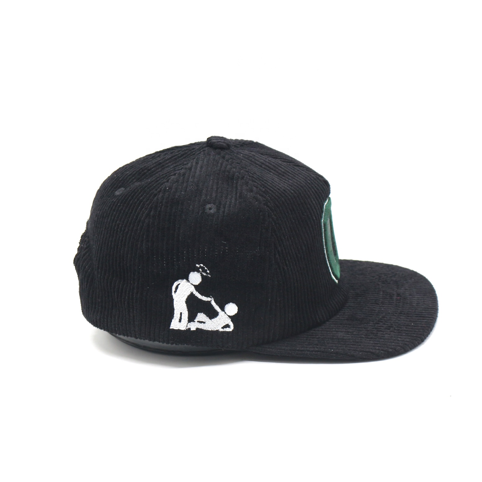 Black Corduroy Flat Brim Snapback Cap with Embroidered Front Logo