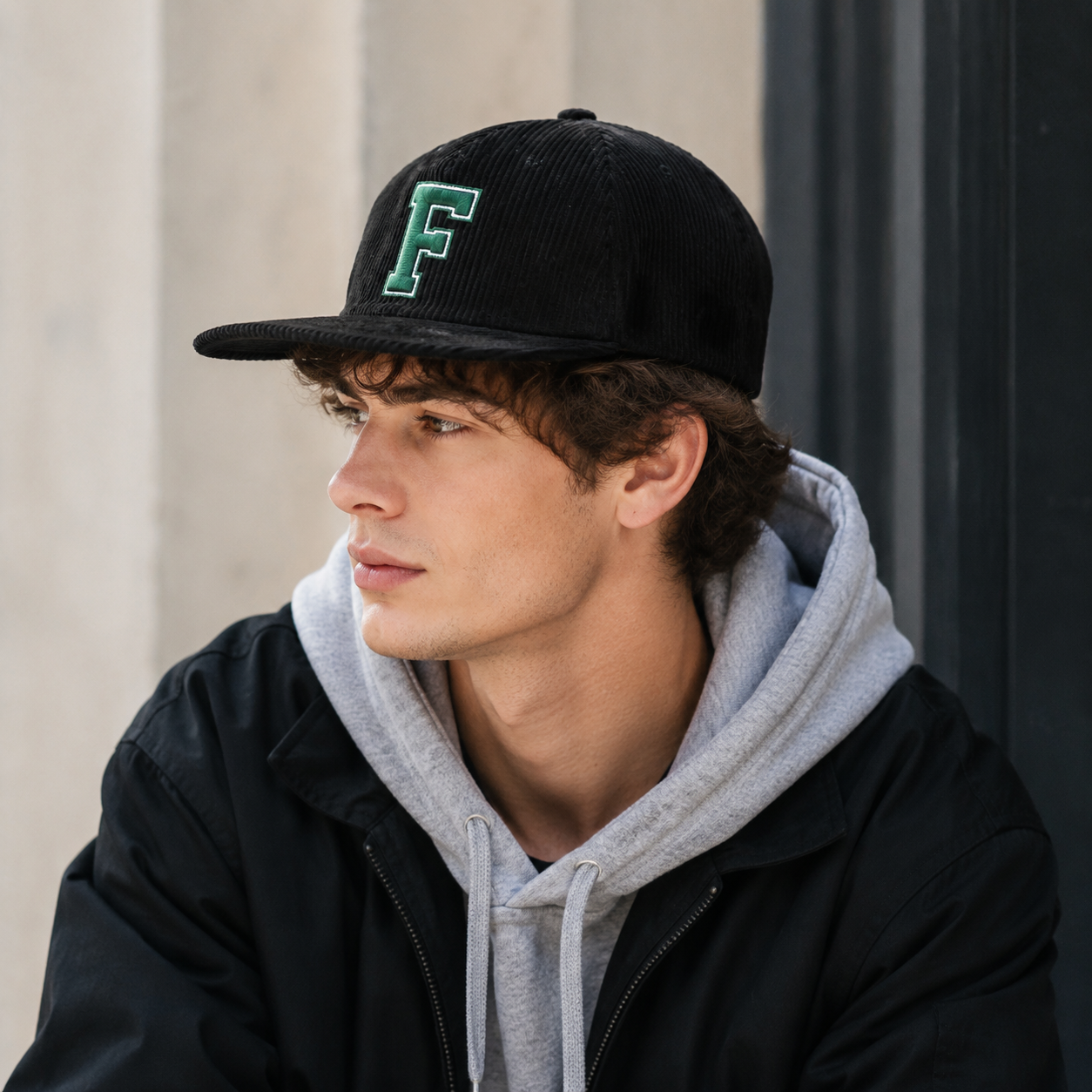Black Corduroy Flat Brim Snapback Cap with Embroidered Front Logo