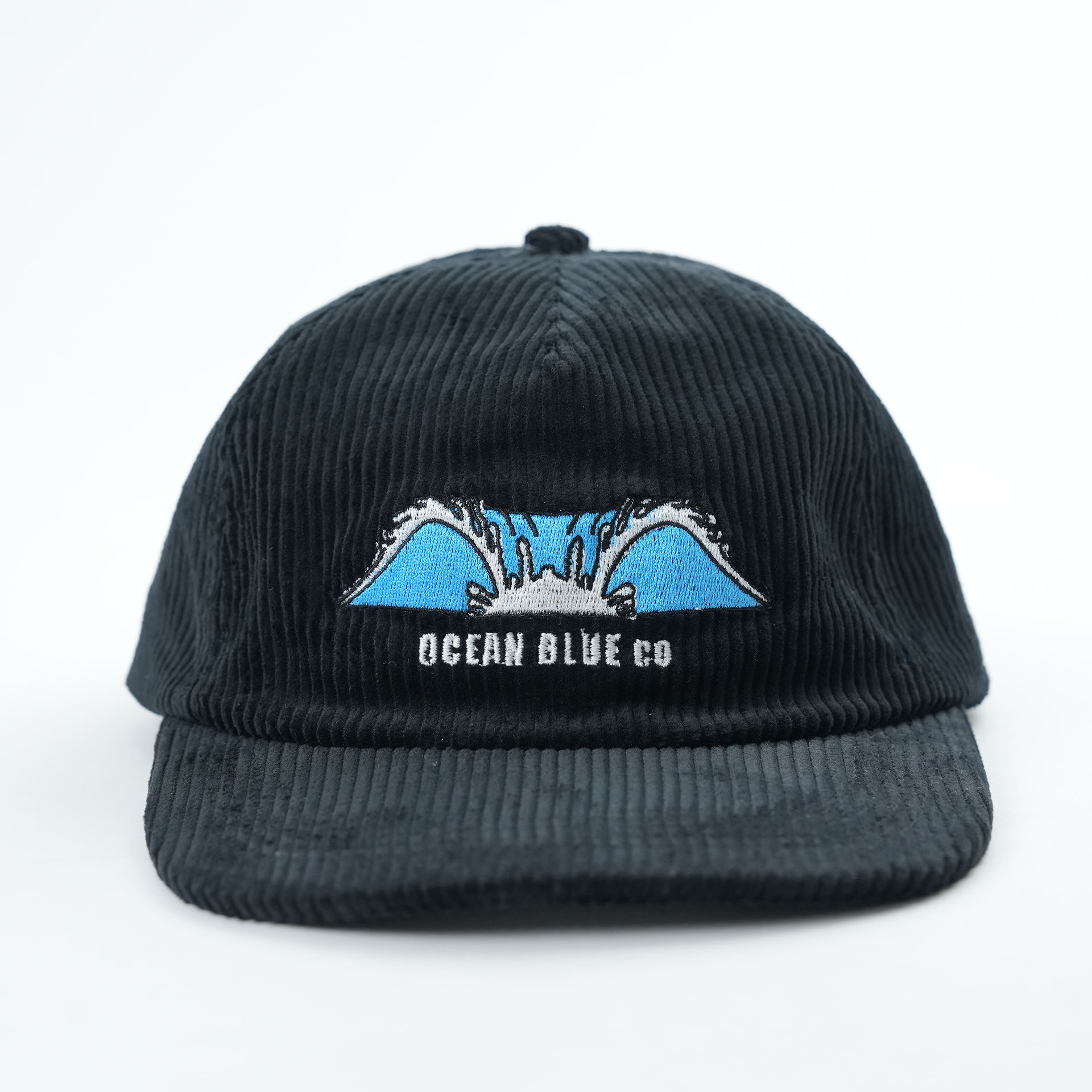 Black Corduroy Ocean Wave Embroidered Five-Panel Snapback Cap