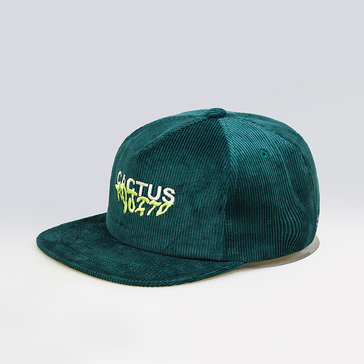 Vintage Teal Corduroy 5-Panel Snapback Hat with Cactus Embroidery