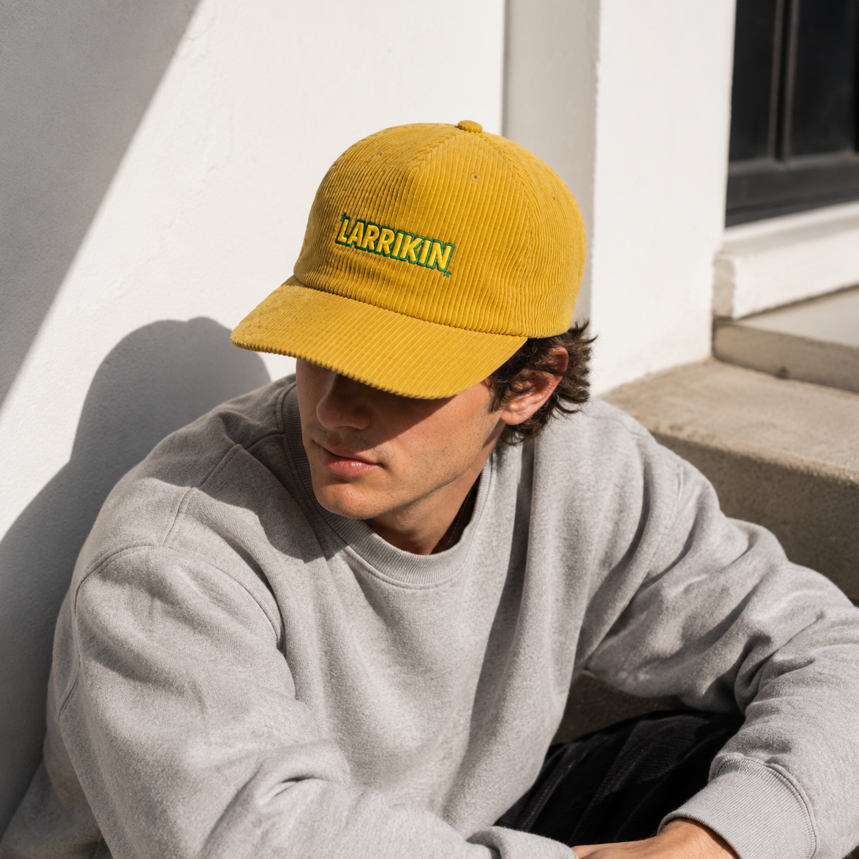 Mustard Yellow Corduroy Five-Panel Cap with Front Embroidered Lettering