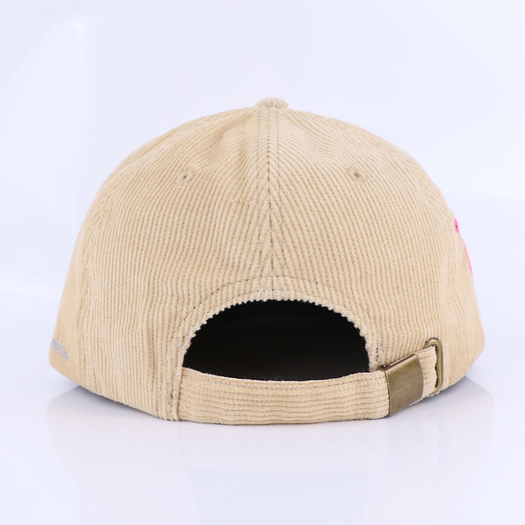 Vintage Beige Corduroy Snapback Cap with Embroidered Cocktail Logo and Flat Brim