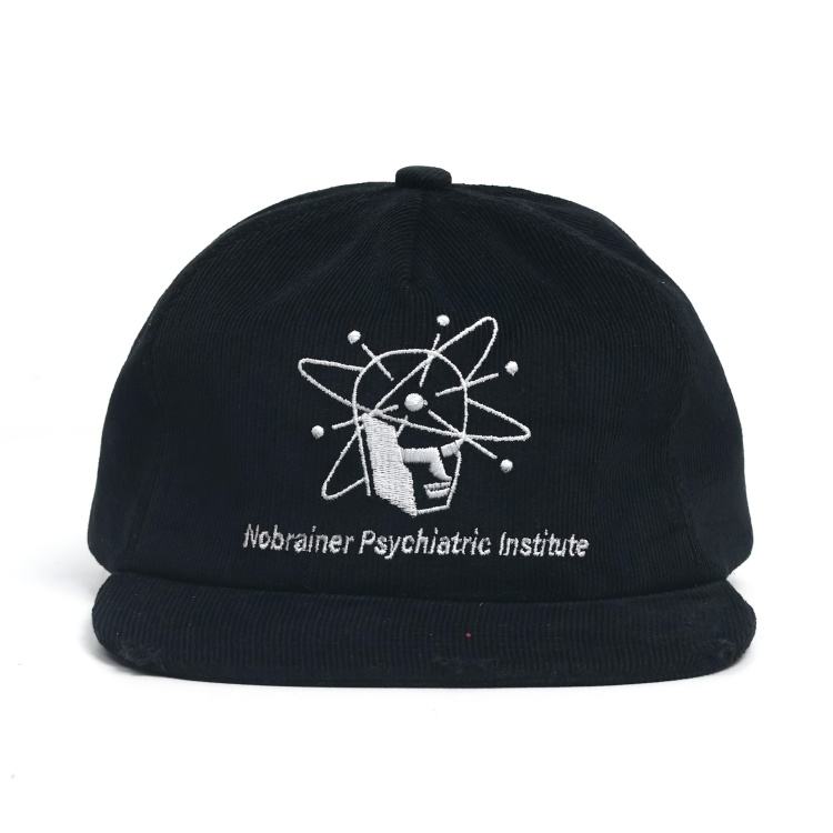 Vintage Black Corduroy Snapback Cap with Embroidered Graphic Logo, Adjustable Flat Brim Streetwear Hat