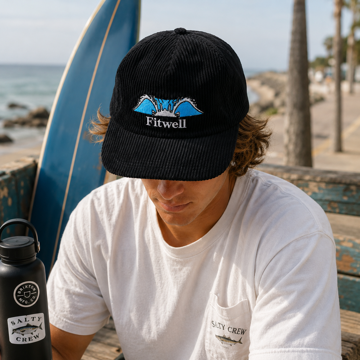 Black Corduroy Ocean Wave Embroidered Five-Panel Snapback Cap