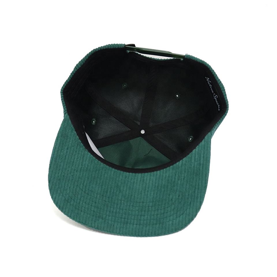 Teal Green Corduroy Flat Brim Script Embroidery Snapback Hat