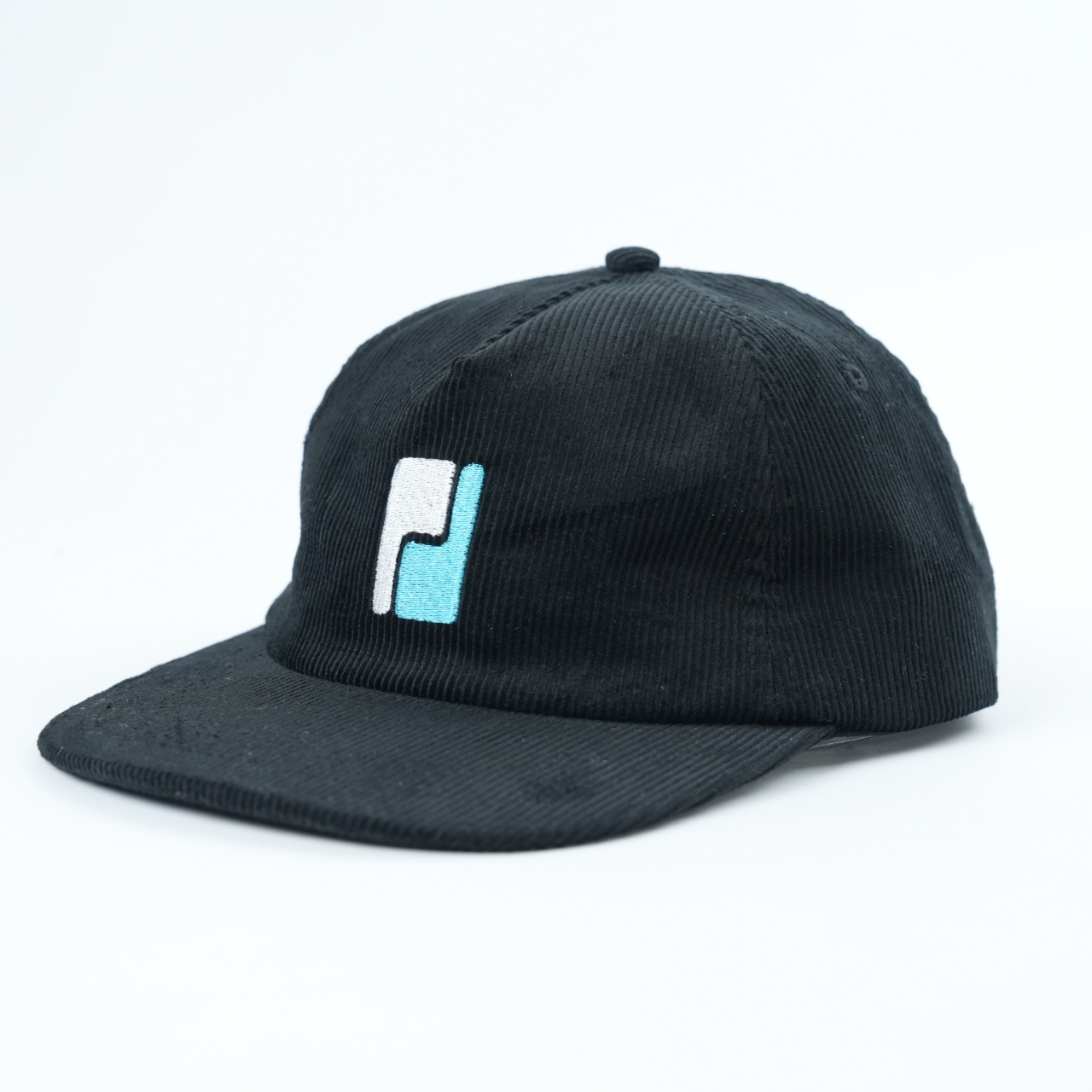 Black Corduroy Five Panel Snapback Cap with Blue and White Geometric Embroidered Logo
