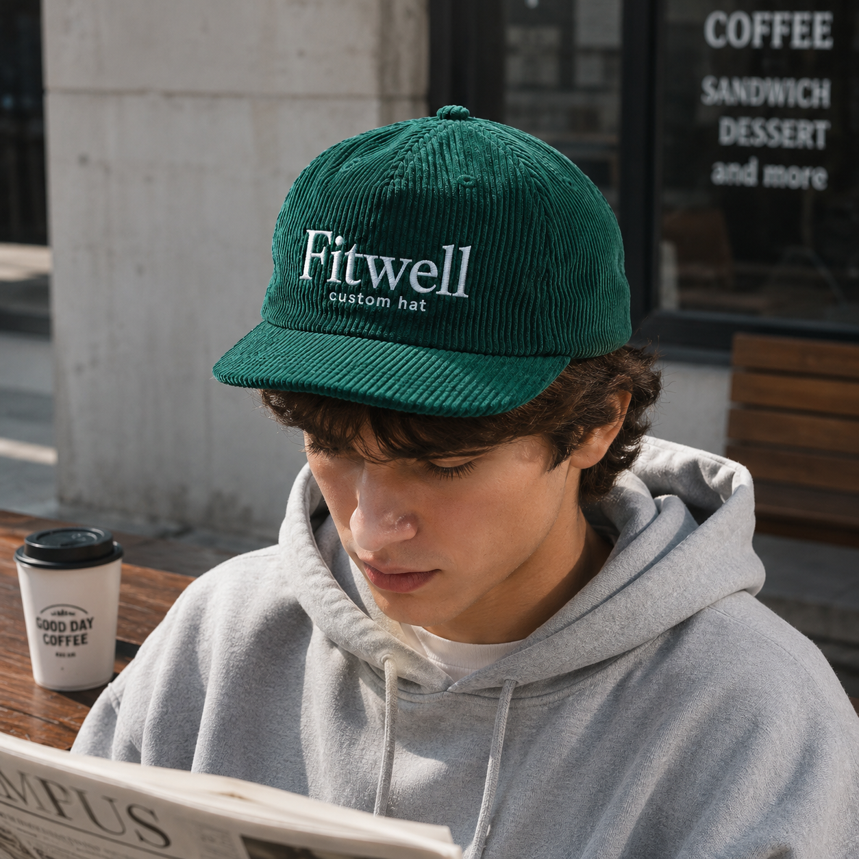 Dark Green Corduroy Five-Panel Cap with White Text Embroidery