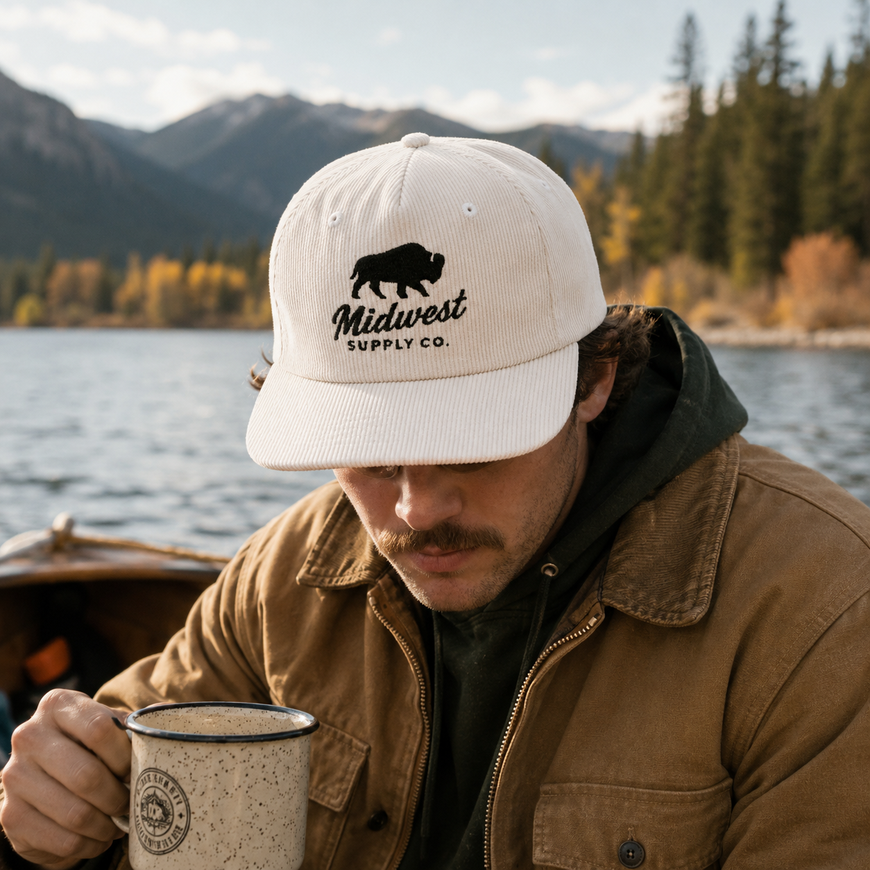 Ivory Midwest Bison Embroidered Corduroy Snapback Cap