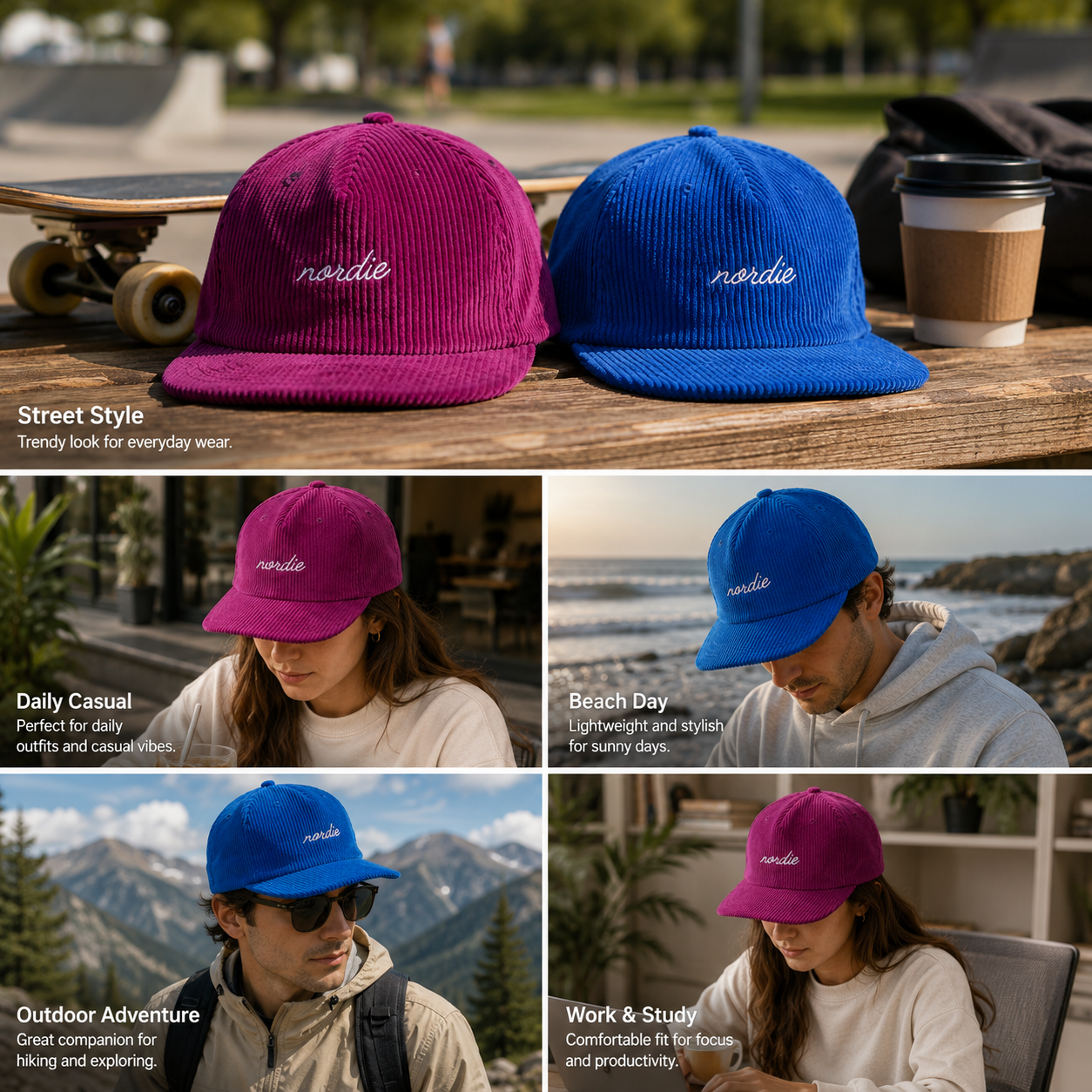 Magenta Blue Corduroy Flat Brim Snapback Caps with Script Embroidery