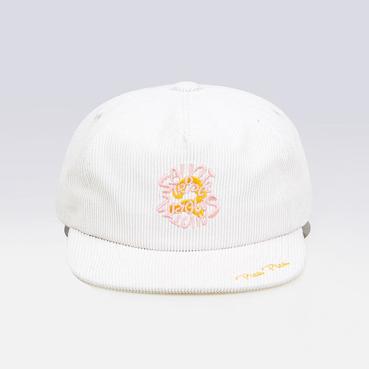 White Corduroy Snapback Cap with Floral Embroidered Logo
