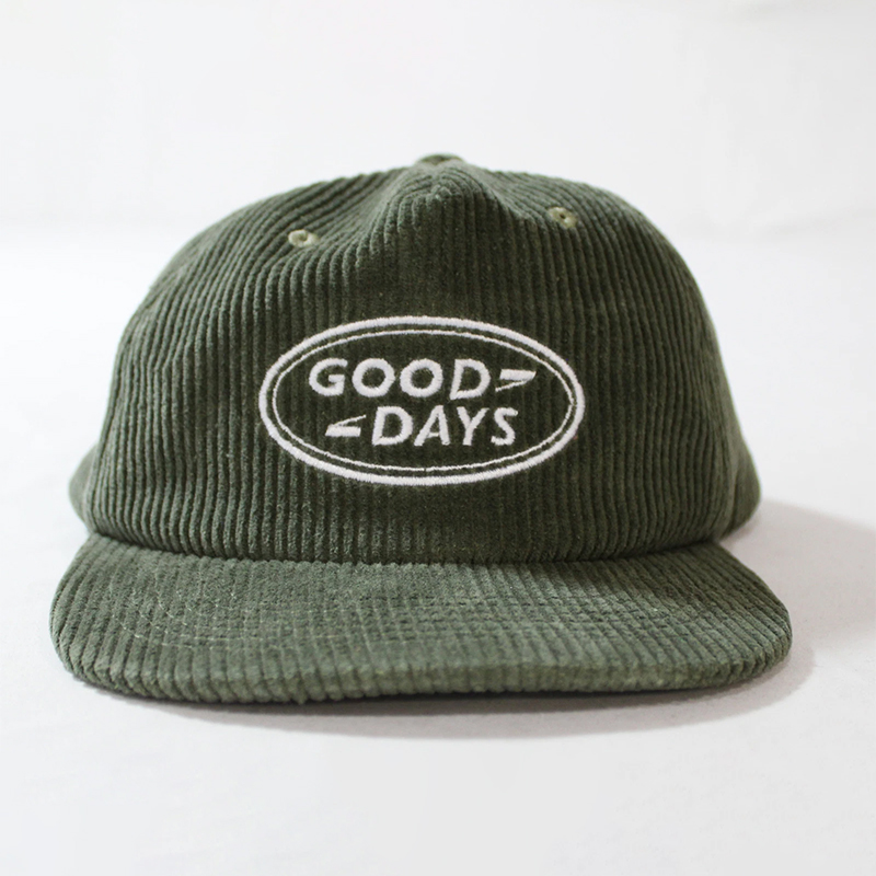 Vintage Olive Corduroy 5 Panel Cap with Embroidered Good Days Logo