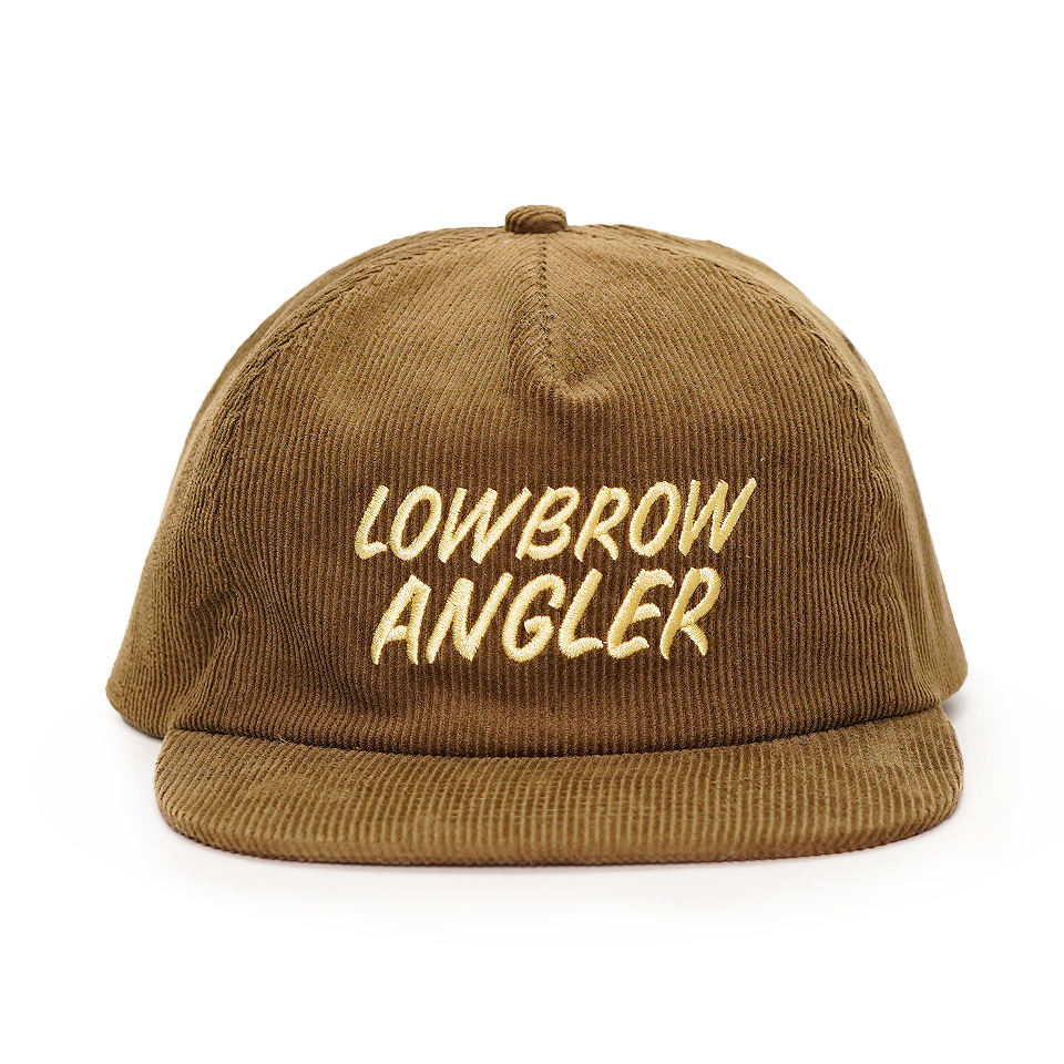 Brown Corduroy 5-Panel Snapback Cap with LOWBROW ANGLER Embroidery, Soft Crown & Flat Brim
