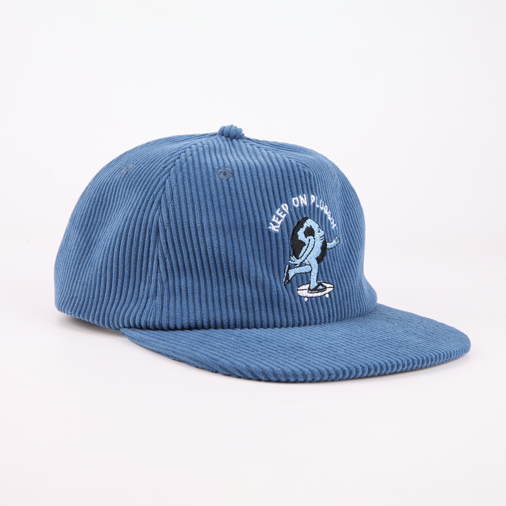 Blue Corduroy Snapback Cap with Embroidered Skateboard Character Logo