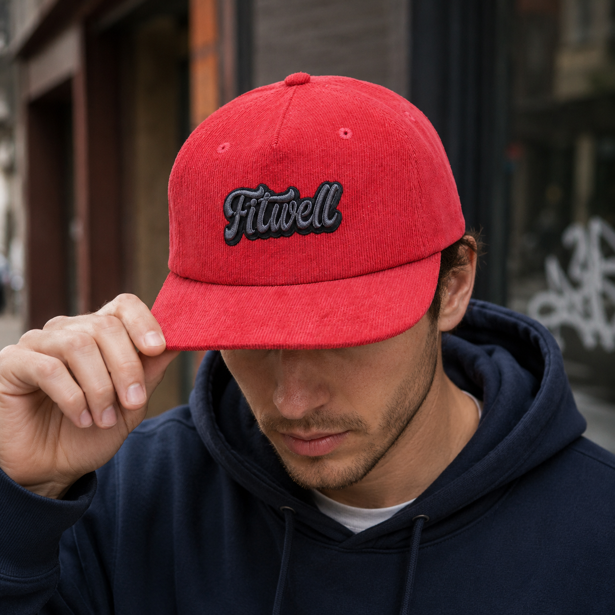 Red Kinfolk Script Embroidered Corduroy Five-Panel Snapback Cap