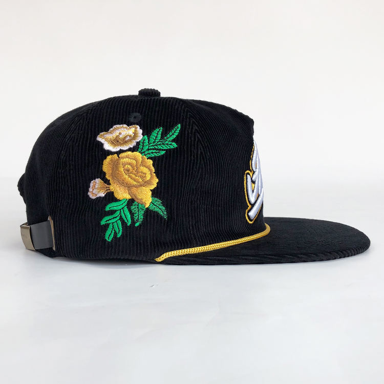 Black Corduroy Rope Trim Script Embroidered Snapback Cap