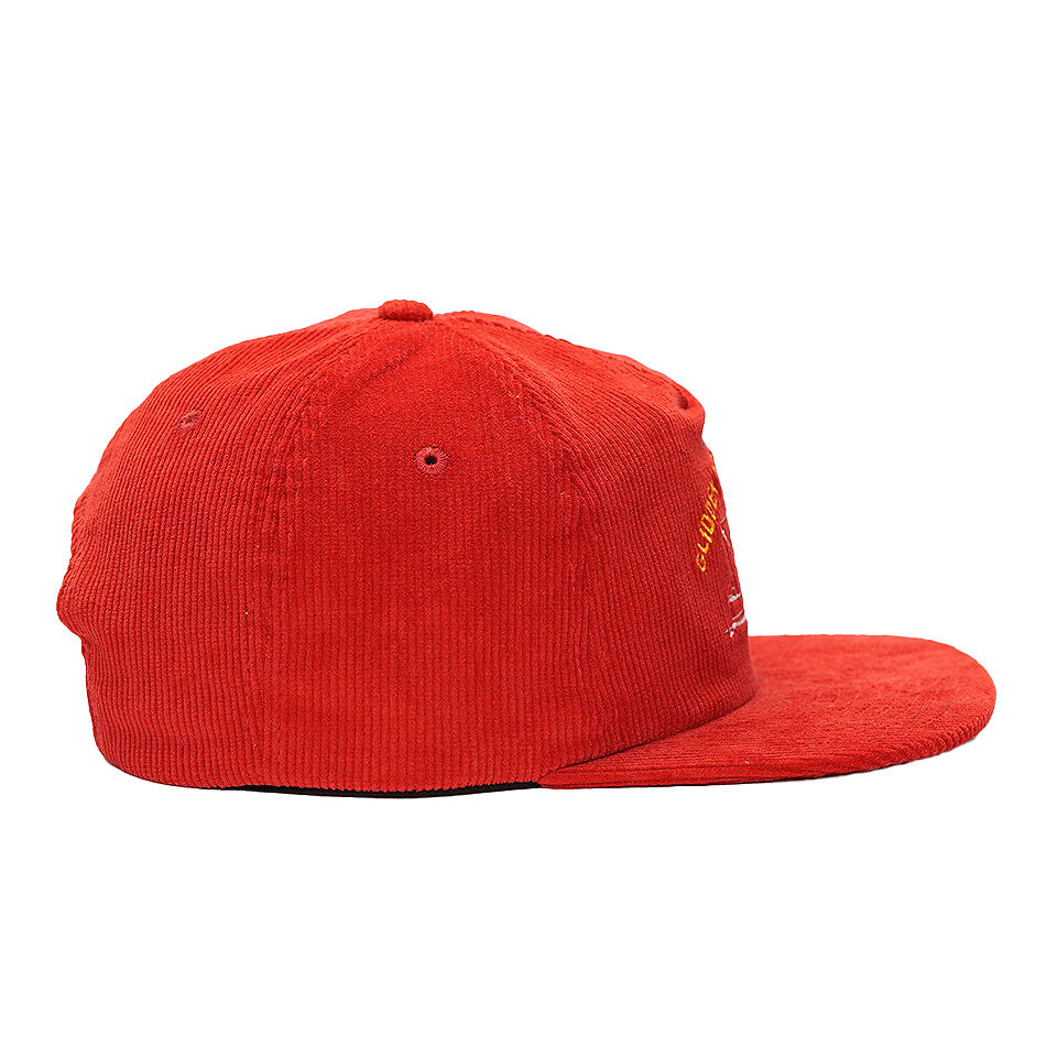 Red Corduroy 5 Panel Snapback Cap with Embroidered Boat Graphic Logo and Flat Brim