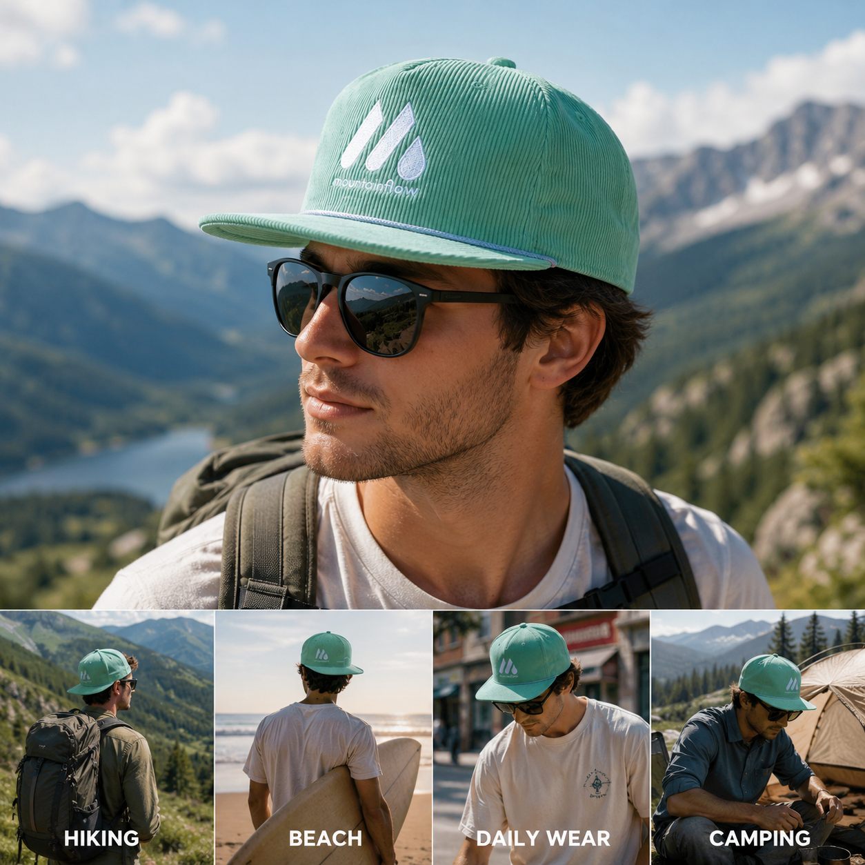 Mint Green Corduroy Five-Panel Rope Snapback Cap with White Embroidered Logo