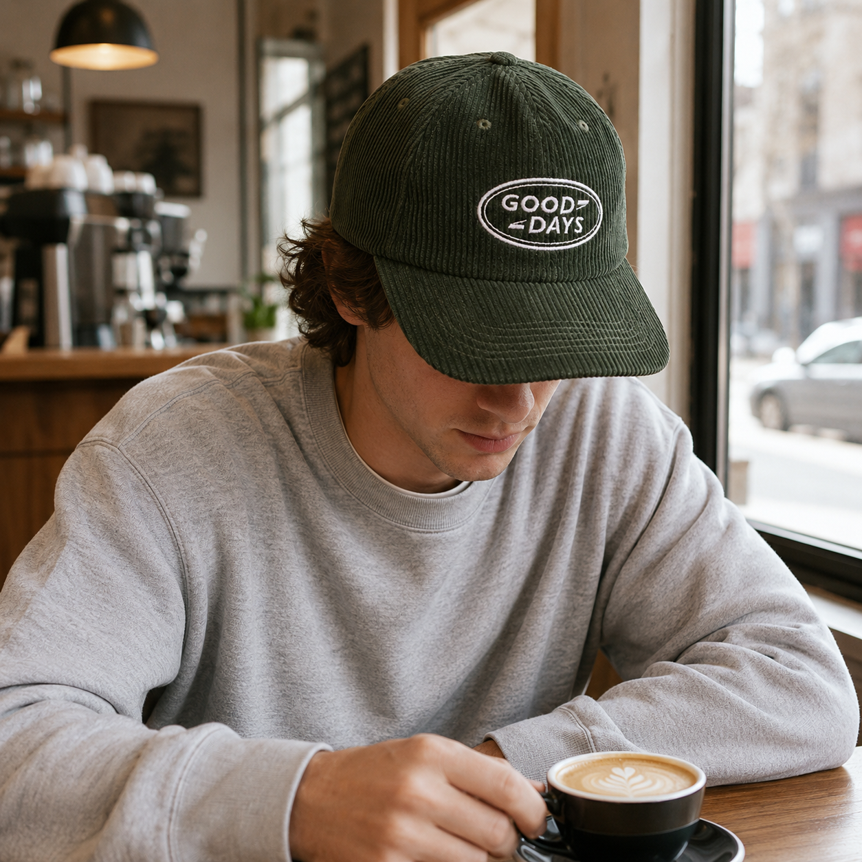 Vintage Olive Corduroy 5 Panel Cap with Embroidered Good Days Logo