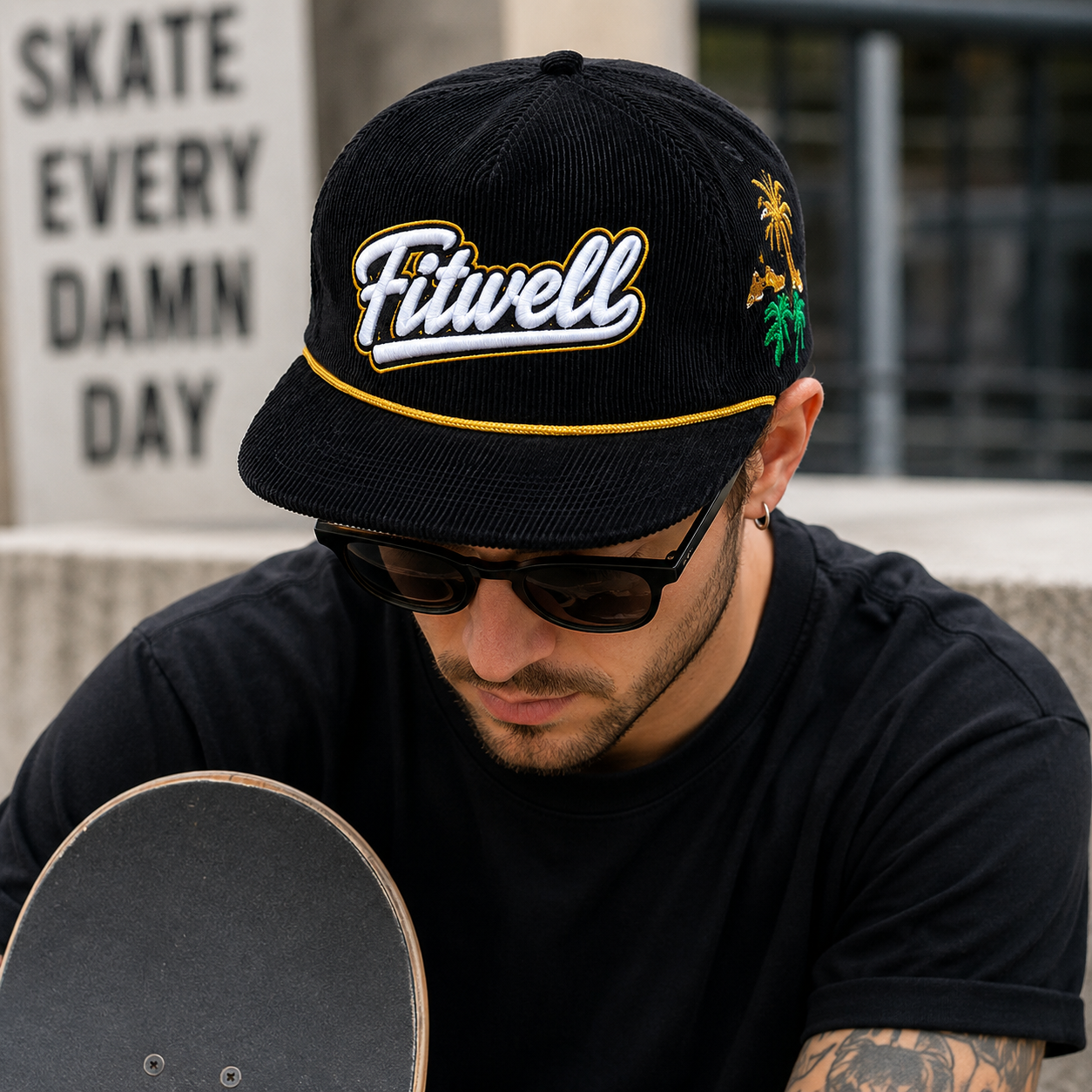 Black Corduroy Rope Trim Script Embroidered Snapback Cap