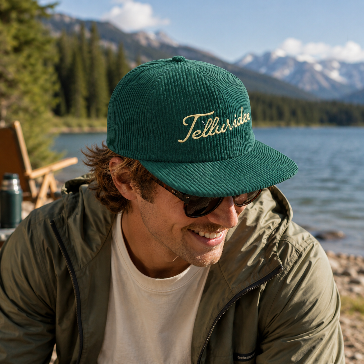 Teal Green Corduroy Flat Brim Script Embroidery Snapback Hat