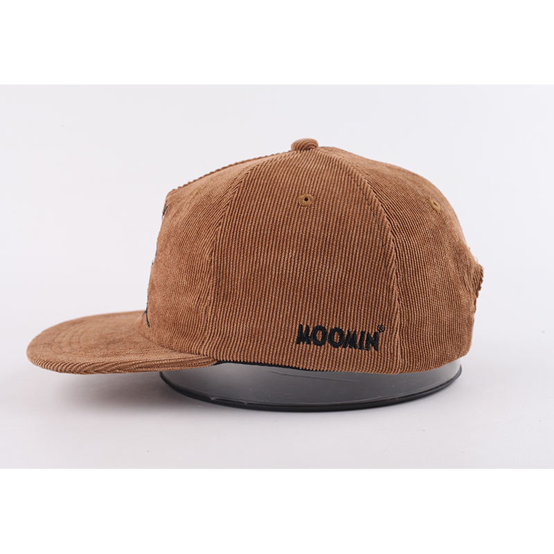 Brown Corduroy Cartoon Duo Embroidered Flat-Brim Snapback Cap