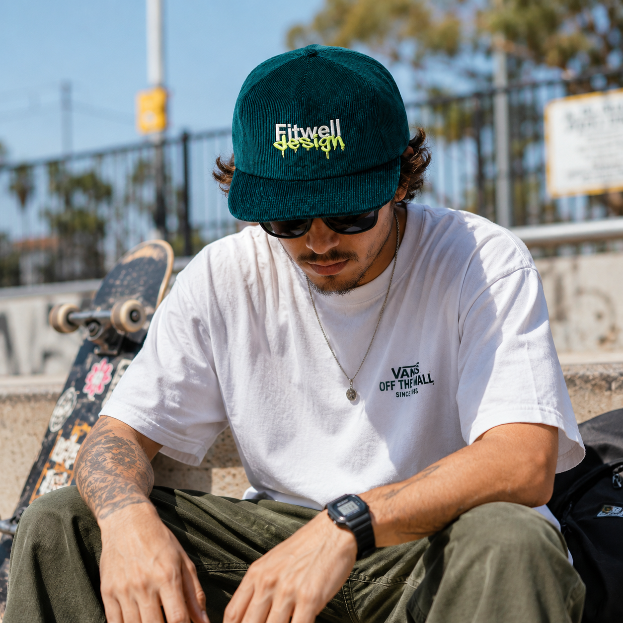 Vintage Teal Corduroy 5-Panel Snapback Hat with Cactus Embroidery