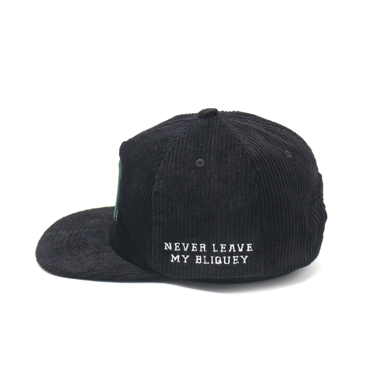 Black Corduroy Flat Brim Snapback Cap with Embroidered Front Logo