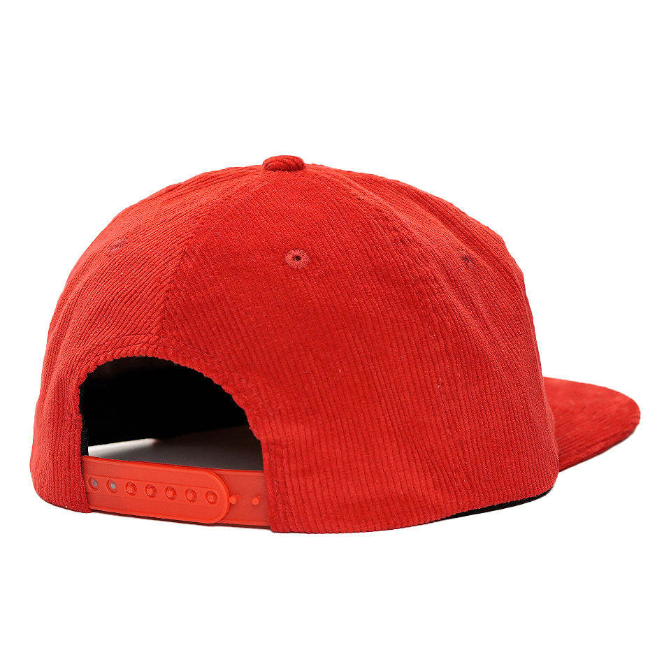 Red Corduroy 5 Panel Snapback Cap with Embroidered Boat Graphic Logo and Flat Brim