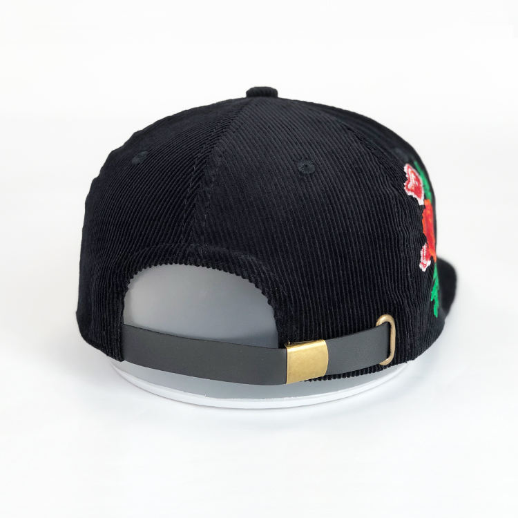 Black Corduroy Rope Trim Script Embroidered Snapback Cap