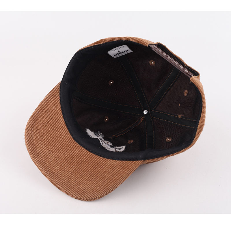 Brown Corduroy Cartoon Duo Embroidered Flat-Brim Snapback Cap