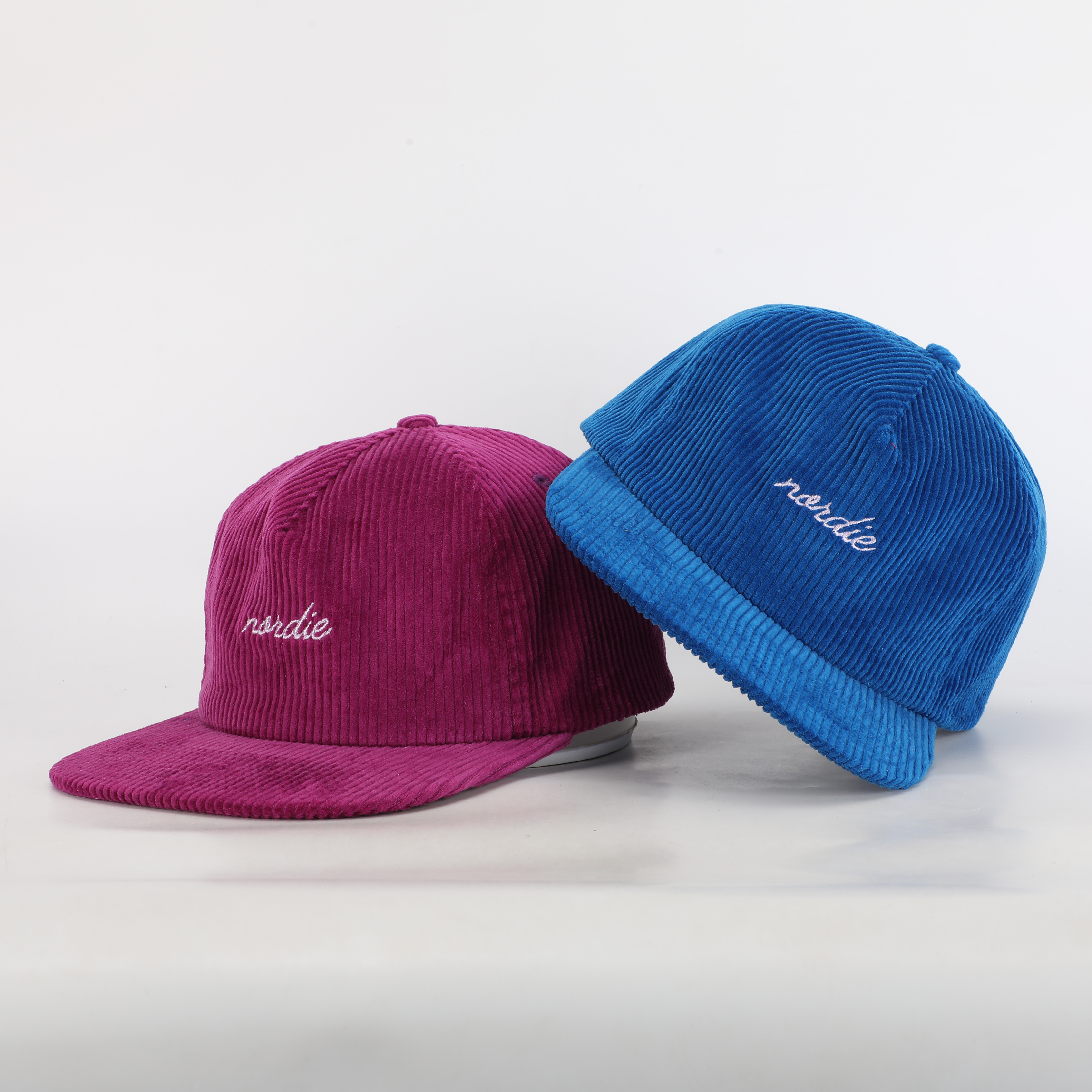 Magenta Blue Corduroy Flat Brim Snapback Caps with Script Embroidery