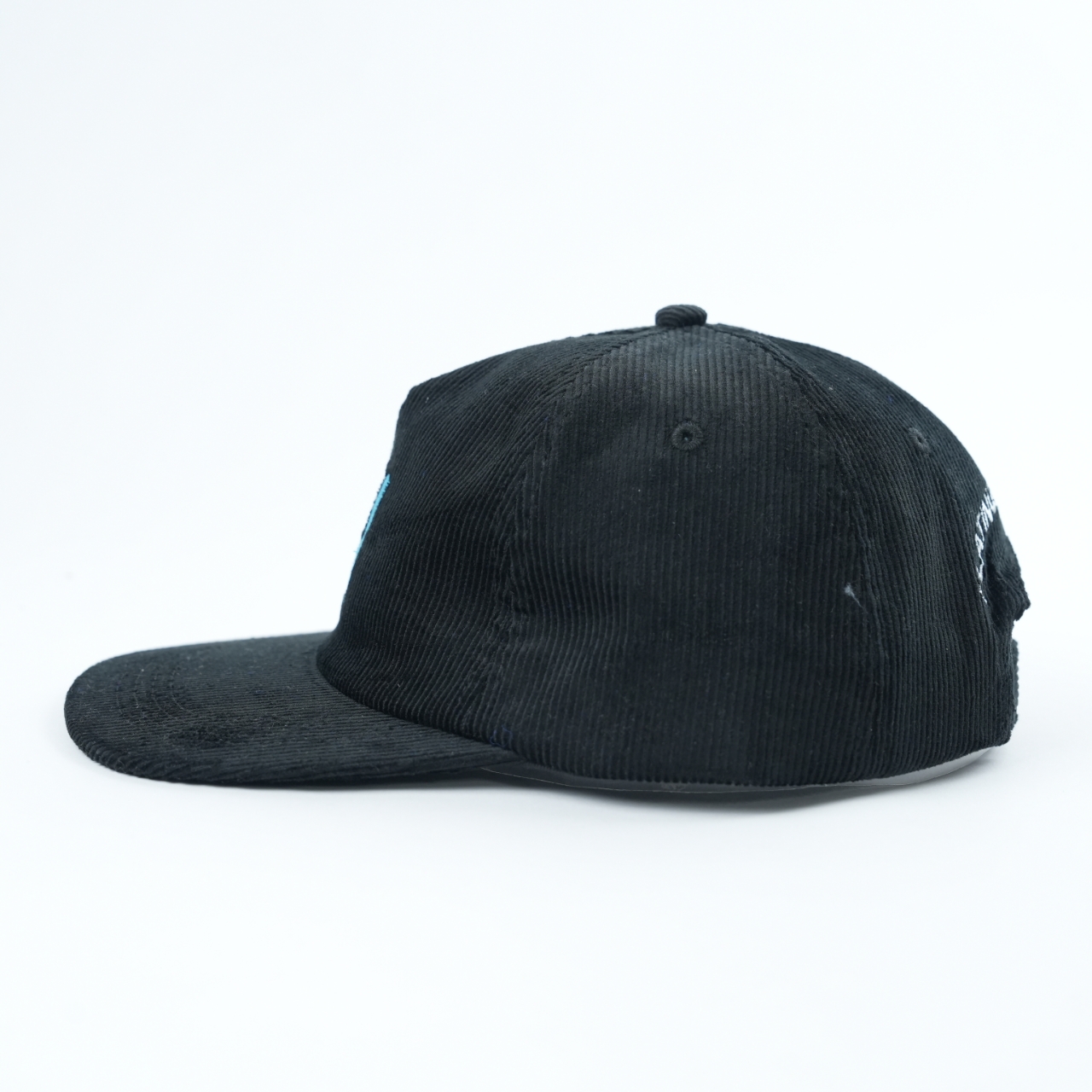 Black Corduroy Five Panel Snapback Cap with Blue and White Geometric Embroidered Logo