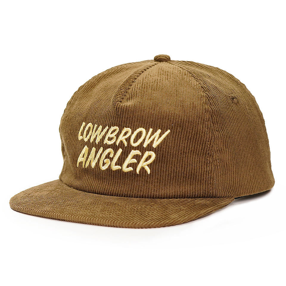 Brown Corduroy 5-Panel Snapback Cap with LOWBROW ANGLER Embroidery, Soft Crown & Flat Brim