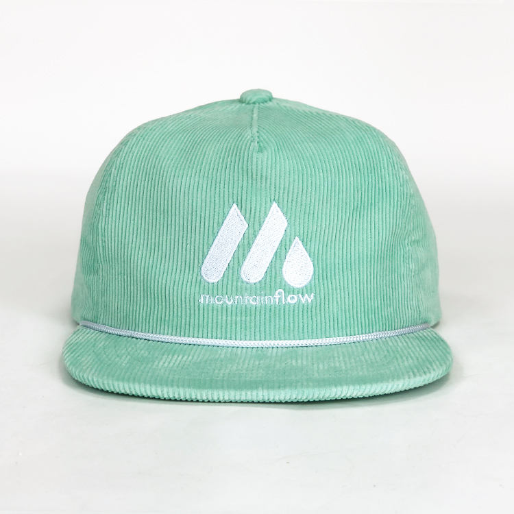 Mint Green Corduroy Five-Panel Rope Snapback Cap with White Embroidered Logo