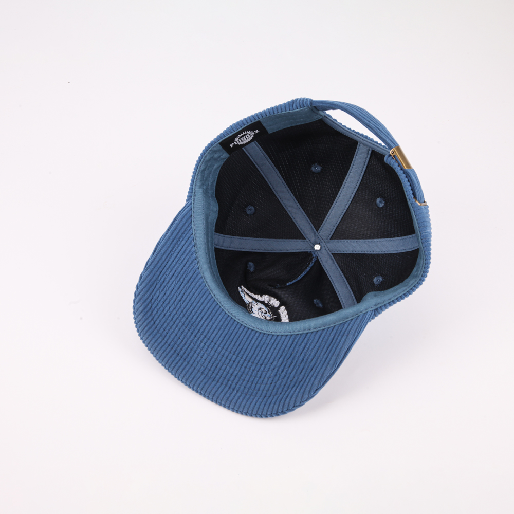 Blue Corduroy Snapback Cap with Embroidered Skateboard Character Logo