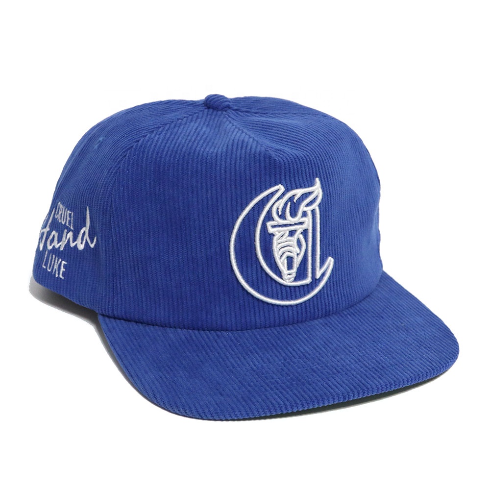 Blue Corduroy Embroidered Flat Brim Snapback Cap