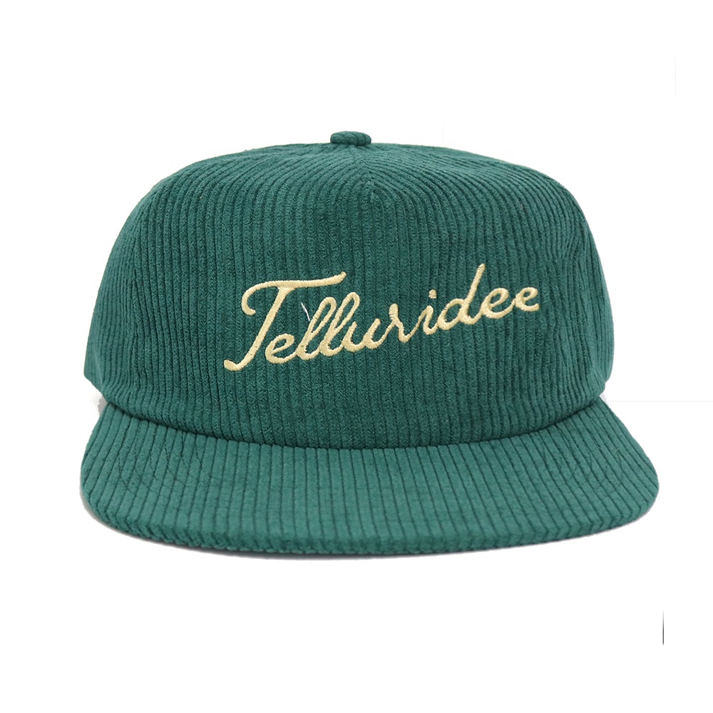 Teal Green Corduroy Flat Brim Script Embroidery Snapback Hat