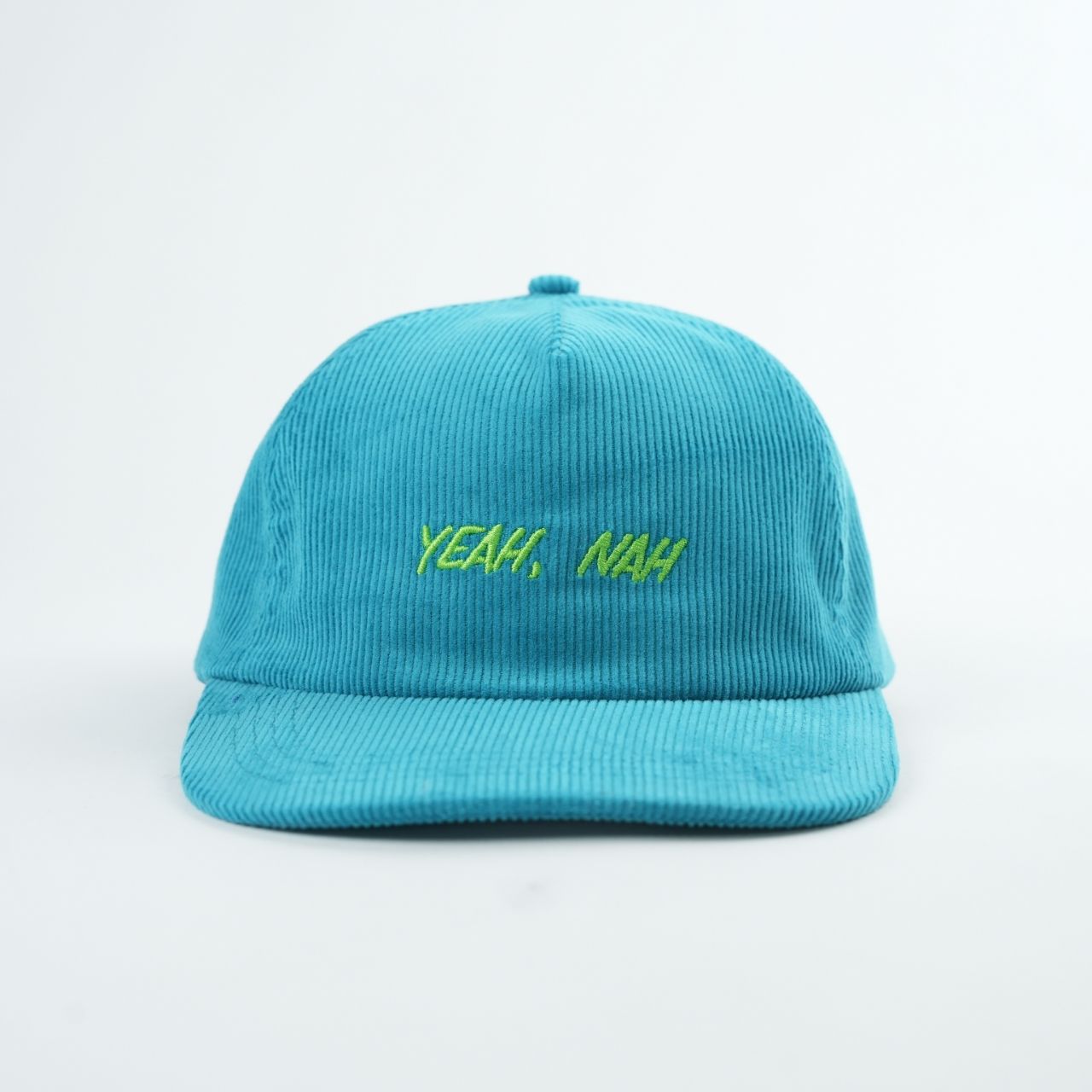 Turquoise Corduroy Five-Panel Cap with Lime Slogan Embroidery