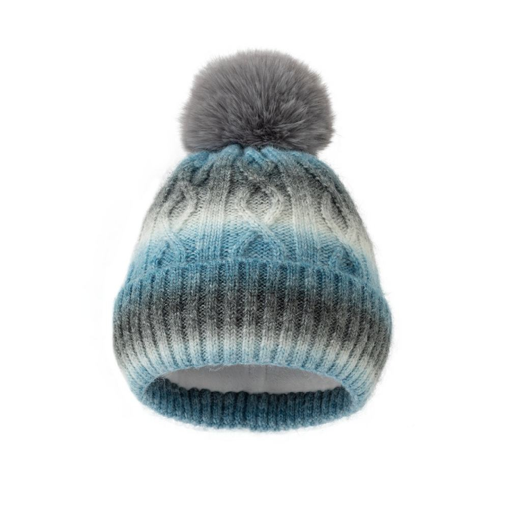 Ombre Cable Knit Cuffed Beanie with Oversized Faux Fur Pom Pom and Soft Lining – Gray Blue Mustard Pastel Multicolor Winter Hat