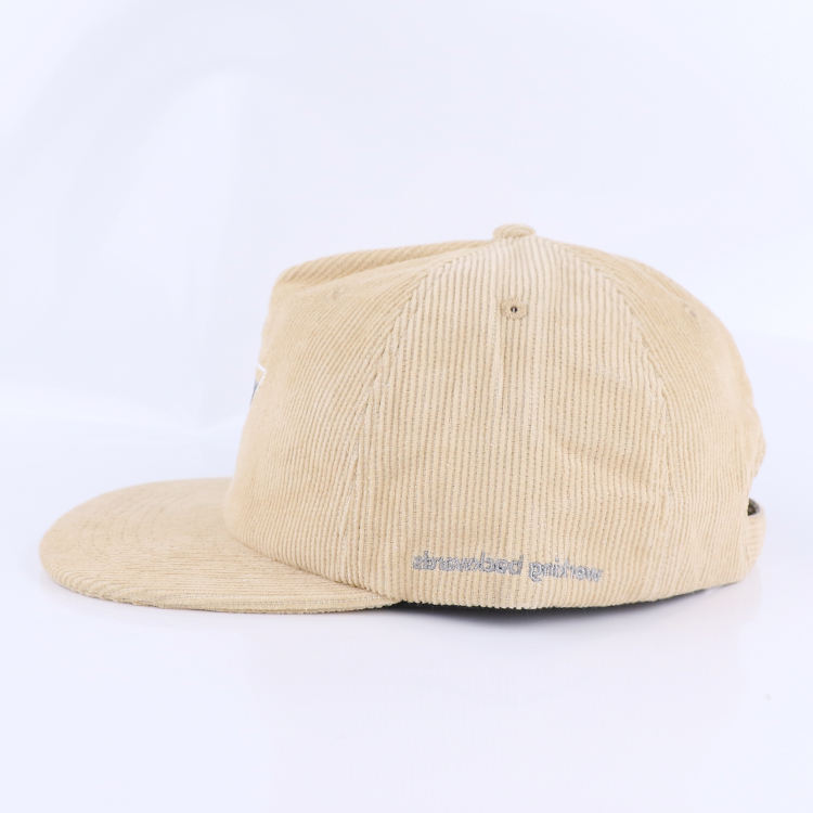 Vintage Beige Corduroy Snapback Cap with Embroidered Cocktail Logo and Flat Brim