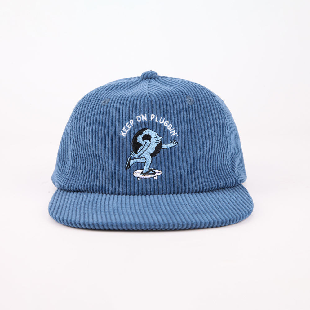 Blue Corduroy Snapback Cap with Embroidered Skateboard Character Logo