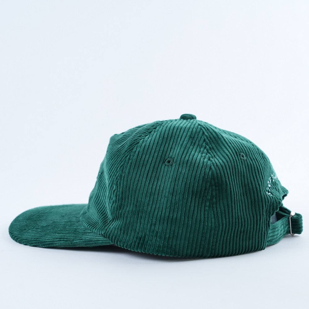 Dark Green Corduroy Five-Panel Cap with White Text Embroidery