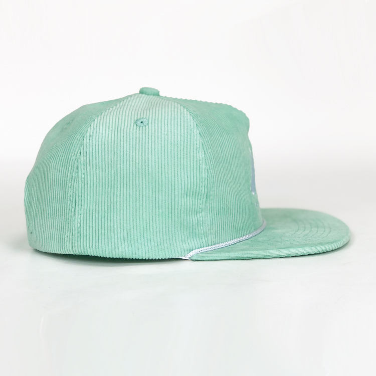 Mint Green Corduroy Five-Panel Rope Snapback Cap with White Embroidered Logo