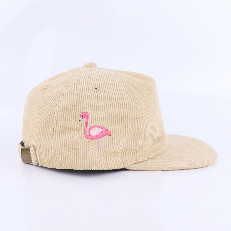 Vintage Beige Corduroy Snapback Cap with Embroidered Cocktail Logo and Flat Brim