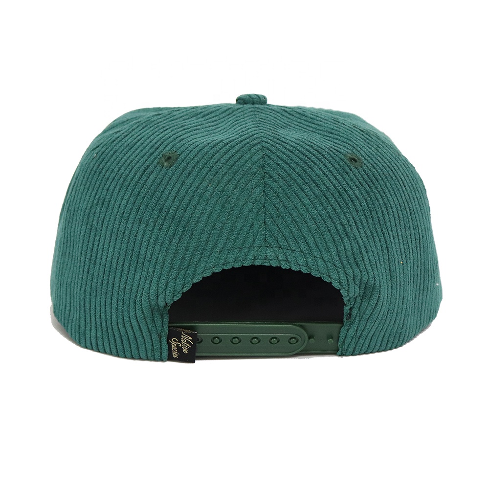 Teal Green Corduroy Flat Brim Script Embroidery Snapback Hat