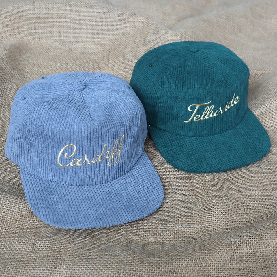 Retro Soft-Crown Corduroy Five-Panel Flat Brim Hat with Script Embroidery and Adjustable Snap Closure