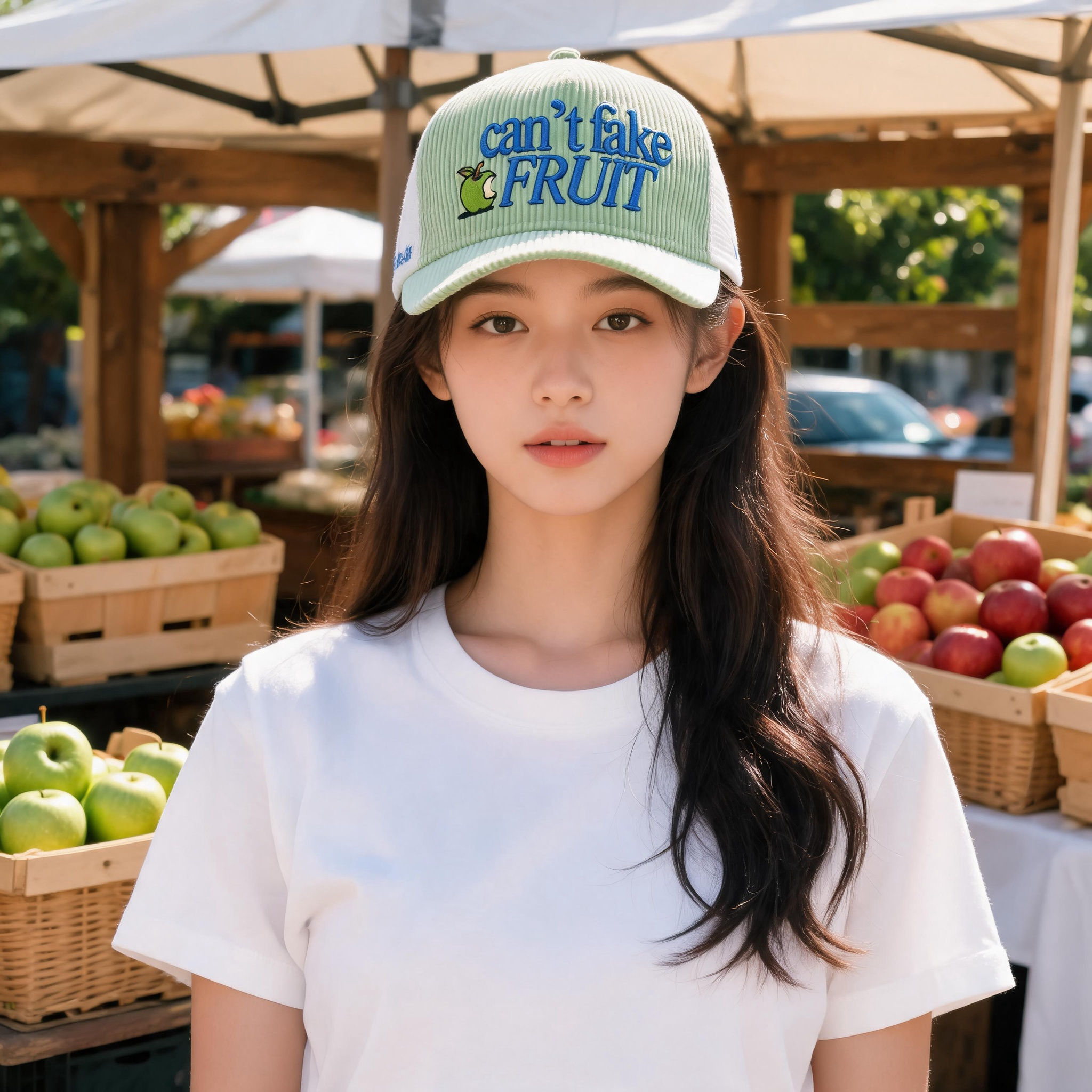 Mint Green Corduroy Trucker Cap with Embroidered Fruit Logo and Mesh Back Panels
