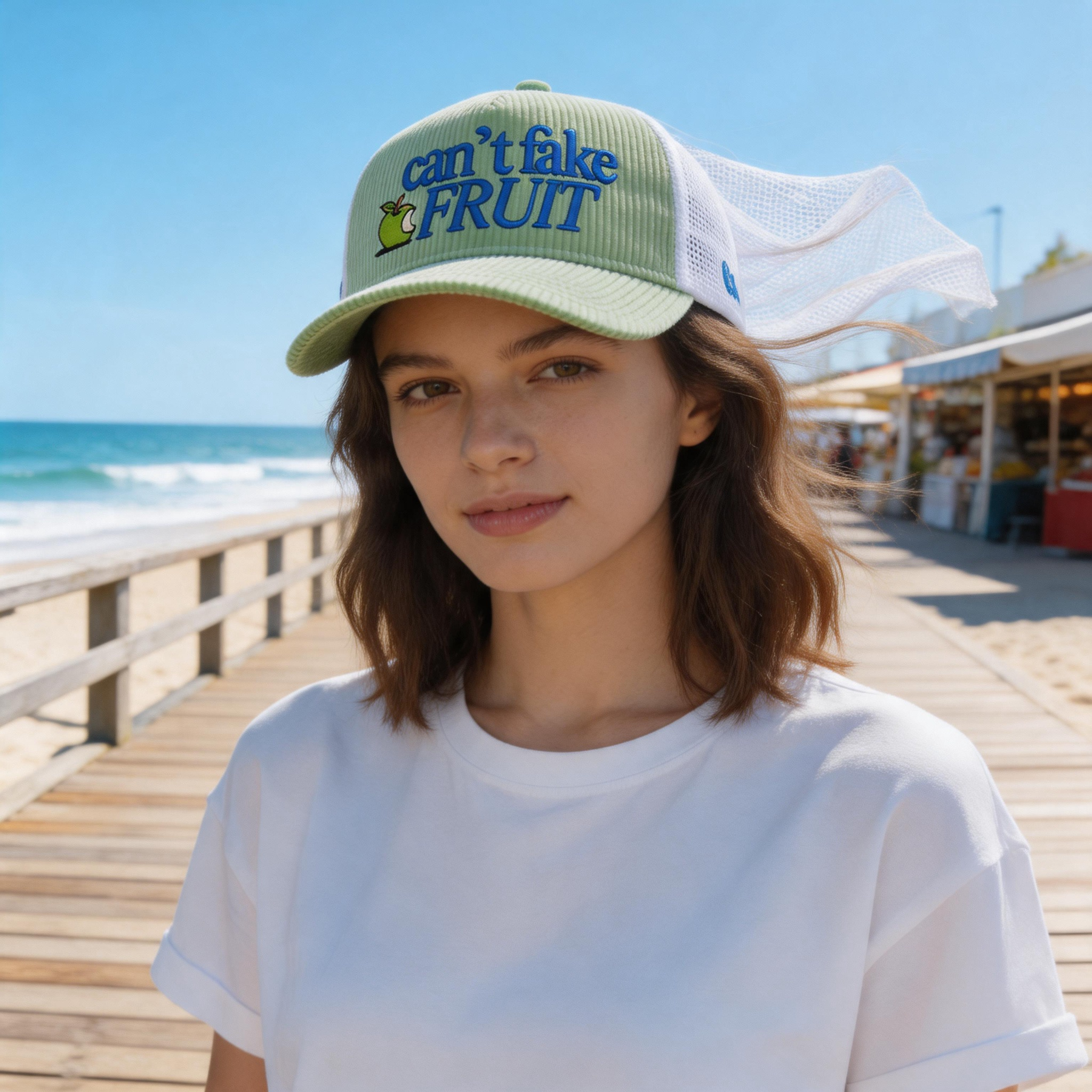 Wholesale Custom Embroidery Logo Trucker Cap, Light Mint Green Corduroy Curved Brim Mesh Sun Hat for Streetwear Fashion