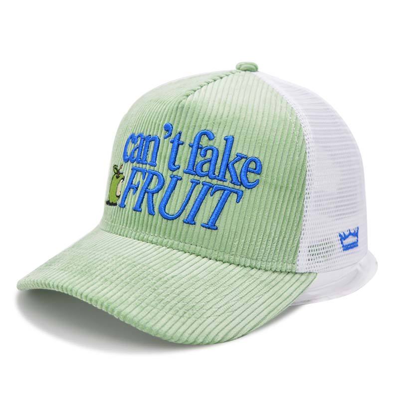Mint Green Corduroy Trucker Cap with Embroidered Fruit Logo and Mesh Back Panels