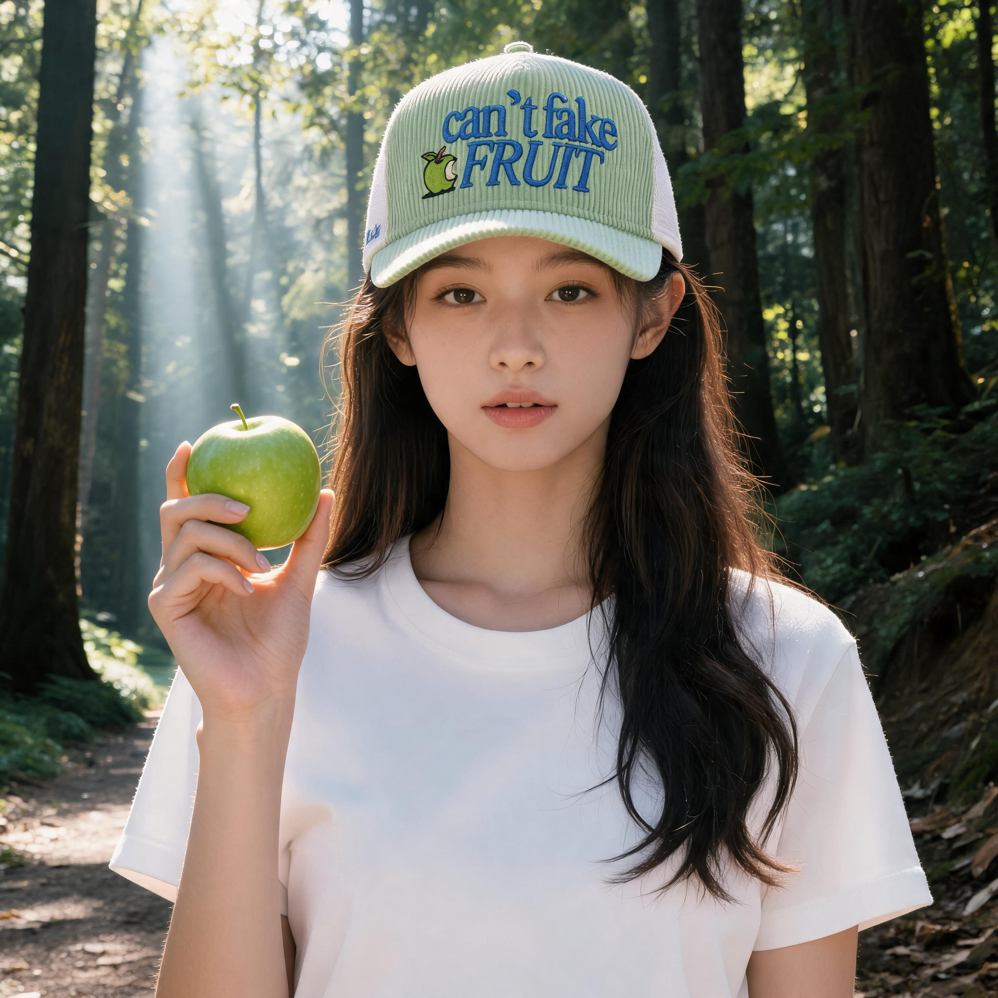 Mint Green Corduroy Trucker Cap with Embroidered Fruit Logo and Mesh Back Panels